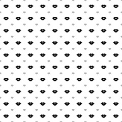 Square seamless background pattern from black lips symbols are different sizes and opacity. The pattern is evenly filled. Vector illustration on white background