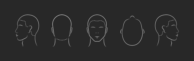 Set of human head icons. Head guidelines for barbershop, haircut salon. Lined male head in different angles isolated on black background. Vector illustration