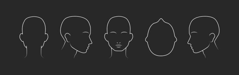 Head guidelines for barbershop, haircut salon, fashion. Lined human head in different angles isolated on black background. Set of human head icons. Vector illustration