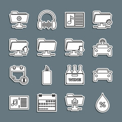 Set line Water drop percentage, Car, Police car and flasher, Music book with note, FTP folder, upload, settings and download icon. Vector