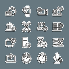 Set line Microphone setting, Old hourglass with sand, Server, Microwave oven, Hourglass, Bank building, Fast payments and Router wi-fi icon. Vector