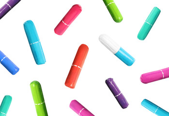 Many tampons in colorful packages falling on white background