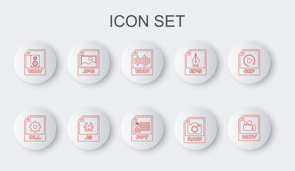 Set line MOV file document, DLL, WAV, RAW, JPG, JS and PPT icon. Vector