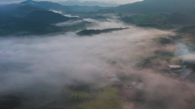 4K drone footage of misty landscape view on the famous sunrise viewpoint in Phu Sa nao hill in Muang Chet Ton, Uttaradit province, Thailand.