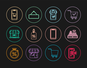 Set line Mobile and shopping basket, Cash register machine, cart, Discount percent tag, Online, Smartphone, mobile phone and Signboard hanging icon. Vector