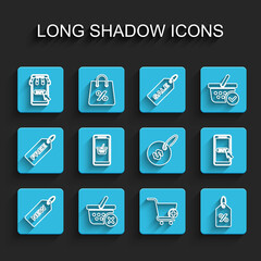 Set line Price tag with New, Remove shopping basket, Mobile and cart, Add to Shopping, Discount percent, and dollar icon. Vector