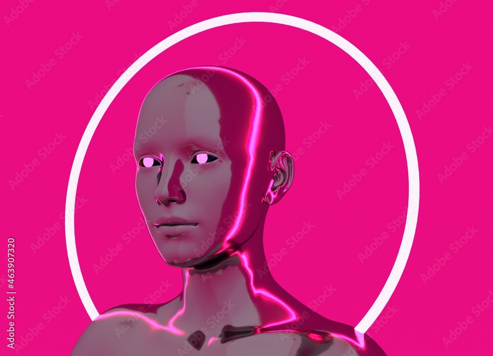 Poster sci-fi style woman with a neon nimbus around her head. concept of the artificial intelligence or rob