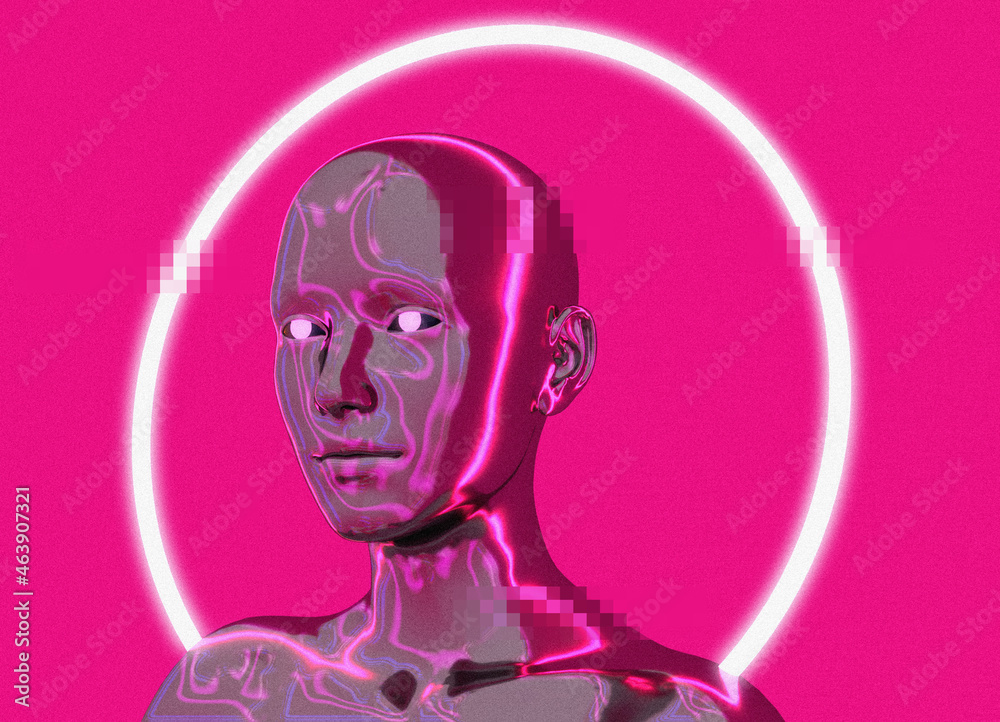 Poster sci-fi style woman with a neon nimbus around her head. concept of the artificial intelligence or rob