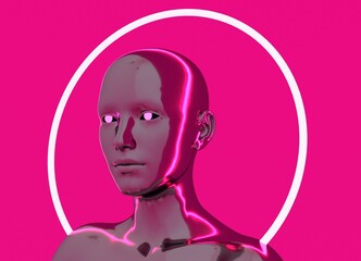 Sci-fi style woman with a neon nimbus around her head. Concept of the artificial intelligence or robot. 3D illustration.