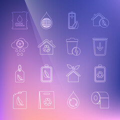 Set line Toilet paper roll, Battery with recycle, Send to the trash, Eco nature leaf and battery, House recycling, Acid rain radioactive cloud, Oil barrel and Lightning can icon. Vector