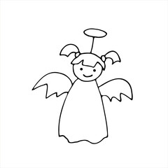 Cute Angel, vector image, black and white illustration. A symbol and an object in the handmade style. Simple, drawing for stickers, postcards, badges, decor, coloring pages, logos, banners.
