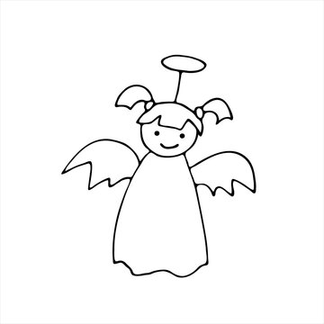 Cute Angel, vector image, black and white illustration. A symbol and an object in the handmade style. Simple, drawing for stickers, postcards, badges, decor, coloring pages, logos, banners.