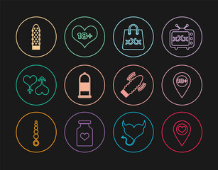Set line Location with heart, 18 plus, Shopping bag triple X, Condom safe sex, Male and female, Dildo vibrator, for games and content icon. Vector