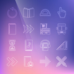 Fototapeta premium Set line Crossed pencil, Triangular ruler, Bus, Protractor grid, Arrow, Book, Refresh and Mall supermarket building icon. Vector
