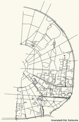 Detailed navigation urban street roads map on vintage beige background of the quarter Innenstadt-Ost district of the German regional capital city of Karlsruhe, Germany