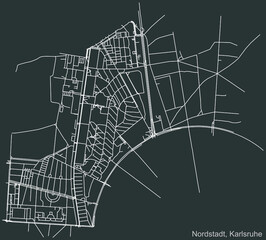 Detailed navigation urban street roads map on vintage beige background of the quarter Nordstadt district of the German regional capital city of Karlsruhe, Germany