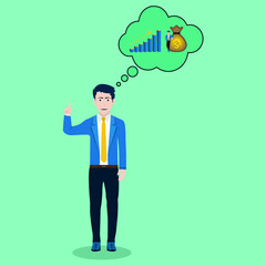 idea to make a lot of money, plan to get rich, strategy to become a millionaire, businessman dreaming of profits from his company, illustration about business idea to make money