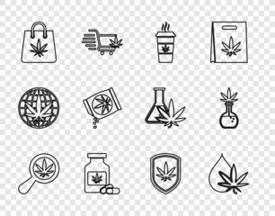 Set line Magnifying glass and marijuana, Marijuana or cannabis leaf oil, Cup coffee with, Medical bottle, Shopping bag, seeds, Shield and Test tube icon. Vector