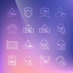Set line House with percant, Rising cost of housing, under protection, Hanging sign For Rent, heart shape, Sale and icon. Vector