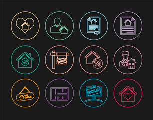Set line House with heart shape, Realtor, contract, Hanging sign Sold, dollar, percant and icon. Vector
