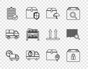 Set line Delivery truck and clock, Locked package, with umbrella, stopwatch, Verification of delivery list, Warehouse, Location cardboard box and Search barcode icon. Vector