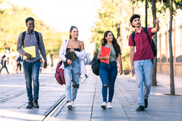 Group of students of different ethnicities walking in a pedestrian street