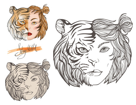 Three images of a half women half tiger