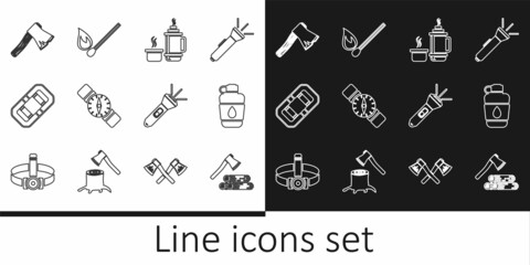 Set line Wooden axe and wood, Canteen water bottle, Thermos container, Compass, Rafting boat, Old wooden, Flashlight and Burning match with fire icon. Vector