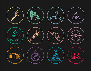 Set line Tourist tent with flag, Compass, Swiss army knife, Flashlight, Wooden axe in stump, Burning match fire, and icon. Vector