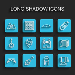 Set line Picnic table with benches, Violin, Mountains, Braid, Wooden barrel on rack, Alcohol or beer location, Accordion and Lederhosen icon. Vector