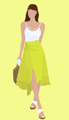 Summer image of a girl in booties, a skirt and a top. Flat illustration of a lady with a bag in bright colors. Design for cards, posters, backgrounds, templates, textiles, avatars.