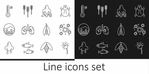 Set line Flower producing pollen, Bacteria, Runny nose, Lungs, Face protective mask, Medical digital thermometer, Kidney beans and Wheat icon. Vector