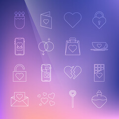 Set line Bottle with love potion, Chocolate bar, Coffee cup and heart, Heart, Gender, Mobile, Quiver arrows and Shopping bag icon. Vector