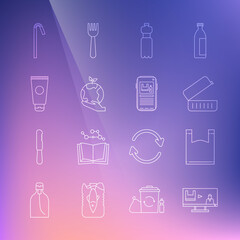 Set line Stop plastic pollution, Plastic bag, Lunch box, Bottle of water, Hand holding Earth globe, Cream cosmetic tube, Drinking straw and icon. Vector