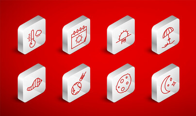 Set line Moon and stars, Calendar sun, Sunset, protective umbrella for beach, Meteorology thermometer, Comet falling down fast and Cone meteorology windsock wind vane icon. Vector