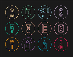 Set line Scissors hairdresser, Blade razor, Hair dryer, Shaving brush, Cream lotion cosmetic tube, Hairbrush, and Electric blade for men icon. Vector