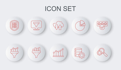 Set line Magnifying glass and gear, Sales funnel with chart, Cloud download upload, Server, shield, Location sales, and Pie infographic icon. Vector