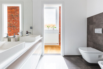 Fototapeta na wymiar White modern bathroom for two people