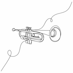 Vector continuous one single line drawing of music trumpet in silhouette on a white background. Linear stylized. - obrazy, fototapety, plakaty