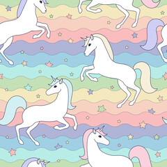 magical rainbow background with unicorns and stars vector