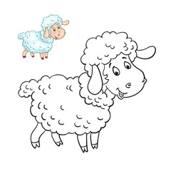 Picture of a funny black and white little sheep with a colorful example. For coloring book. In cartoon style. Isolated on white background. Vector illustration.