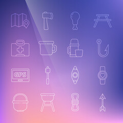 Set line Hipster arrow, Smart watch showing heart beat rate, Fishing hook, Chicken leg, Camping metal mug, First aid kit, Location of the forest on map and Thermos container and cup icon. Vector