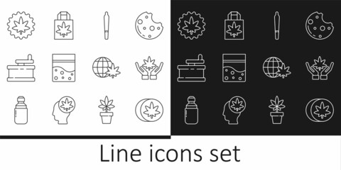 Set line Herbal ecstasy tablets, Marijuana or cannabis leaf, joint, Plastic bag of, Manual grinder, Legalize marijuana globe and Shopping paper icon. Vector