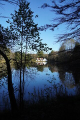 House alongside lake with beautiful reflection - portrait
