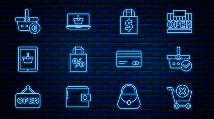 Set line Remove shopping cart, Shopping basket with check mark, Shoping bag and dollar, percent discount, on tablet, euro, Credit card and laptop icon. Vector