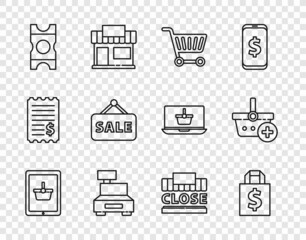 Set line Shopping basket on tablet, Shoping bag and dollar, cart, Cash register machine, Coupon, Hanging sign with Sale, building text closed and Add to icon. Vector