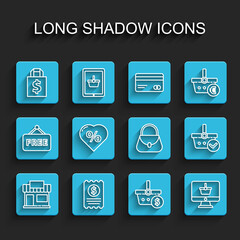 Set line Shopping building or market store, Paper check and financial check, Shoping bag dollar, basket, Monitor with shopping, Discount percent tag heart, and Handbag icon. Vector