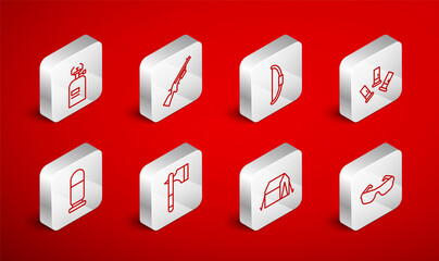 Set line Glasses, Shotgun, Bow, Cartridges, Tourist tent, Camping gas stove, Wooden axe and Bullet icon. Vector