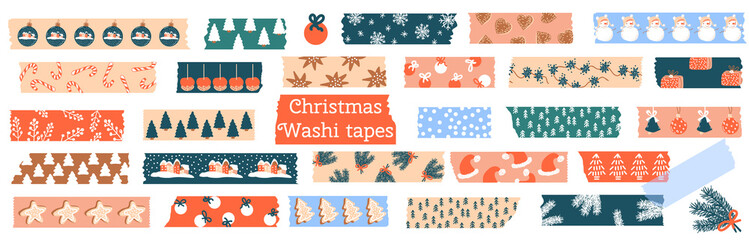 Christmas Washi tapes. Vector set with snowflakes, gingerbread, spruce, winter elements. Masking tape or  adhesive strips for frames, scrapbooking, borders, web graphics, crafts, stickers.