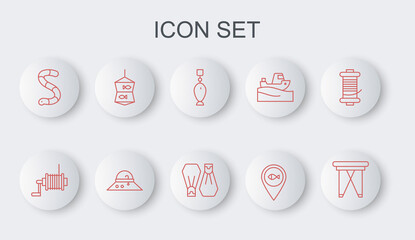 Set line Folding chair, Spinning reel for fishing, Fishing spoon, Location, Worm, net with, Fisherman hat and Rubber flippers swimming icon. Vector © vector_v